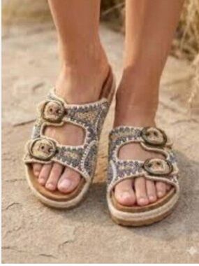 House of Harlow 1960 "Aggie" beaded double-buckle slide sandals
